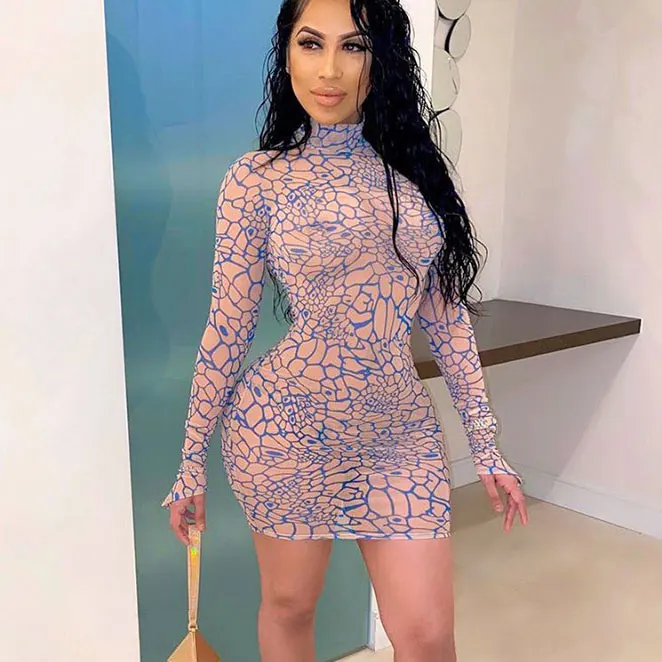 

FS3606A Tight slim dresses sexy Fashion printed long-sleeved dress