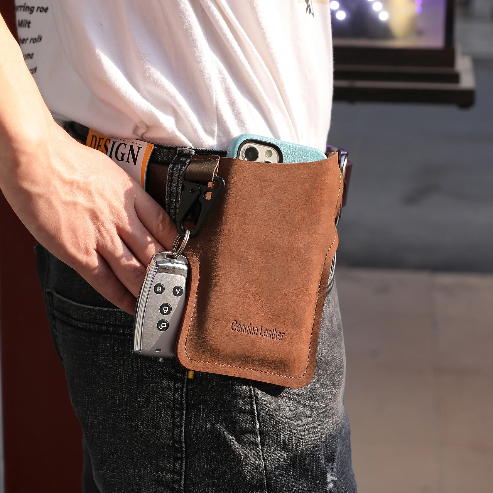 

universal running outdoor genuine crazy horse leather phone holster case with key chain tell phone weaist cas belt bag