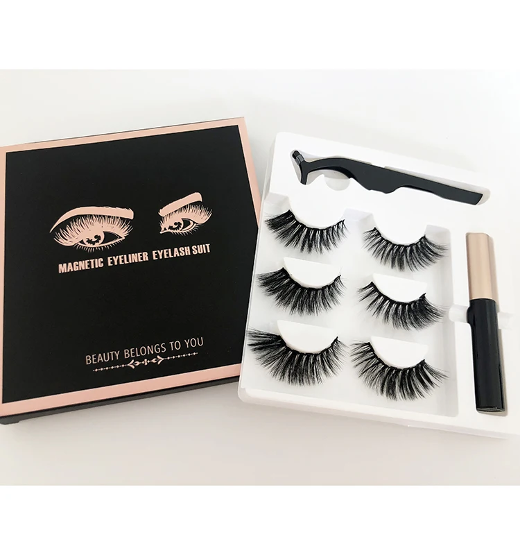 

Factory Direct Sale Popular 3 Pairs Magnetic Eyeliner Eyelashes With Tweezers, Natural black