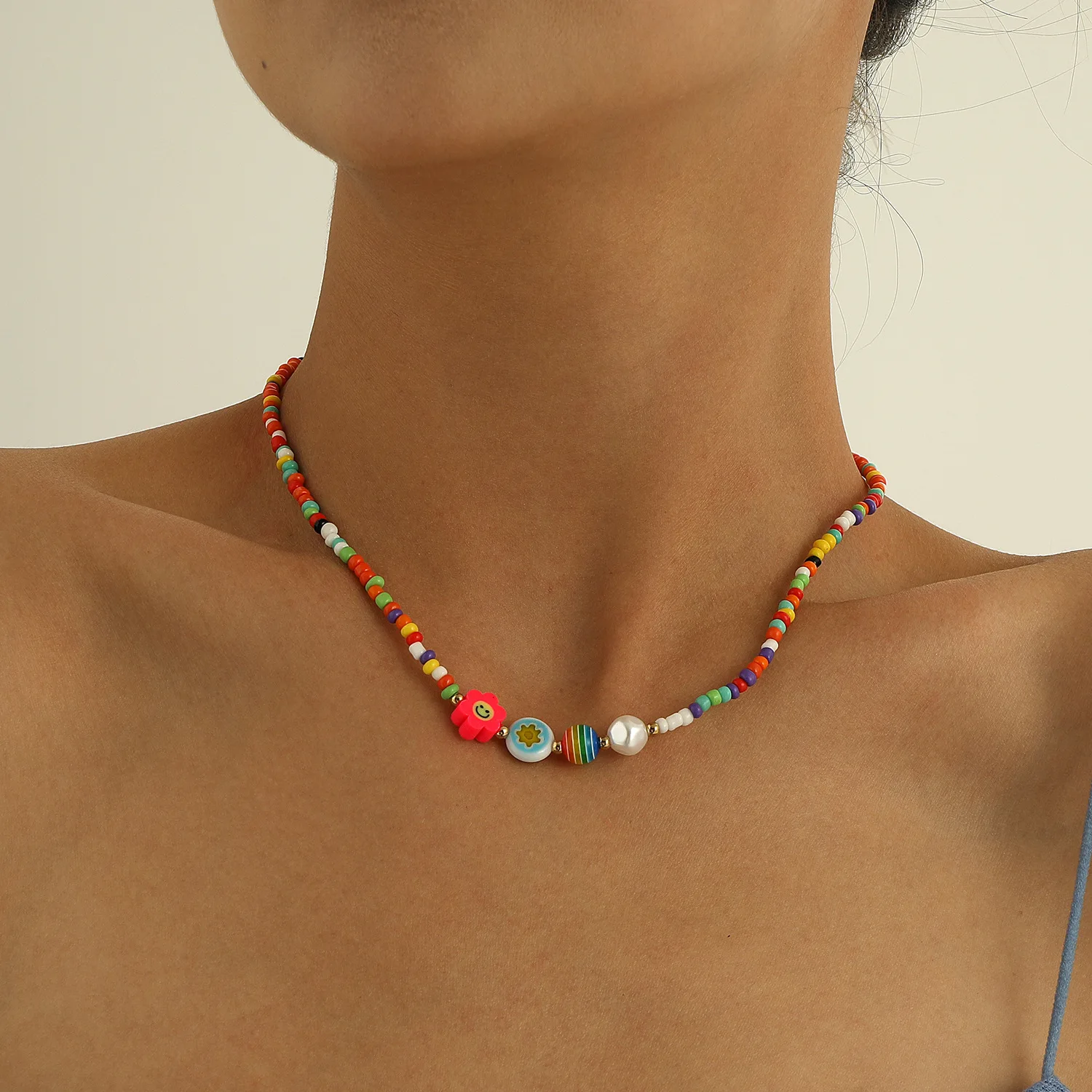 

Vintage Party Necklace Plum Blossom Coloured Glaze Beads Handmade Rainbow Color Ball Bead Happy Face Flower Charm Necklace