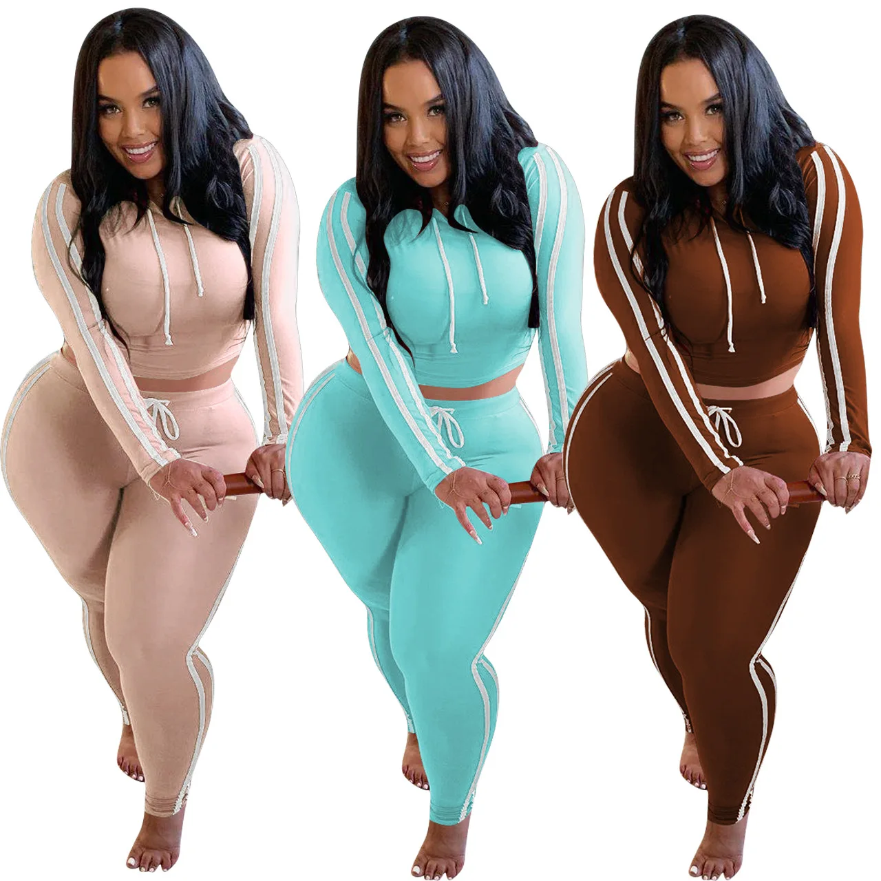 

2020 New stylish plus size casual two-piece set solid color long sleeves latest customization clothing for women