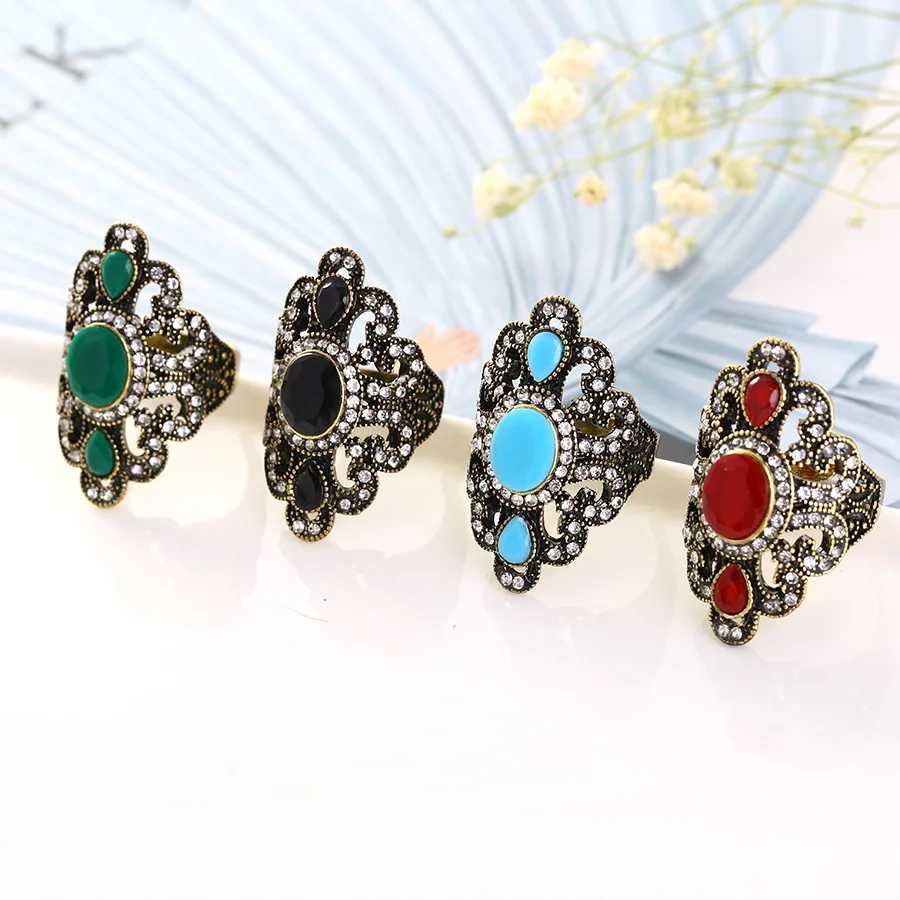 

JUHU Retro Ethnic Style Good Quality Carved Inlaid Acrylic Resin Hollow Ring European and American Popular Jewelry For Women, Colorful