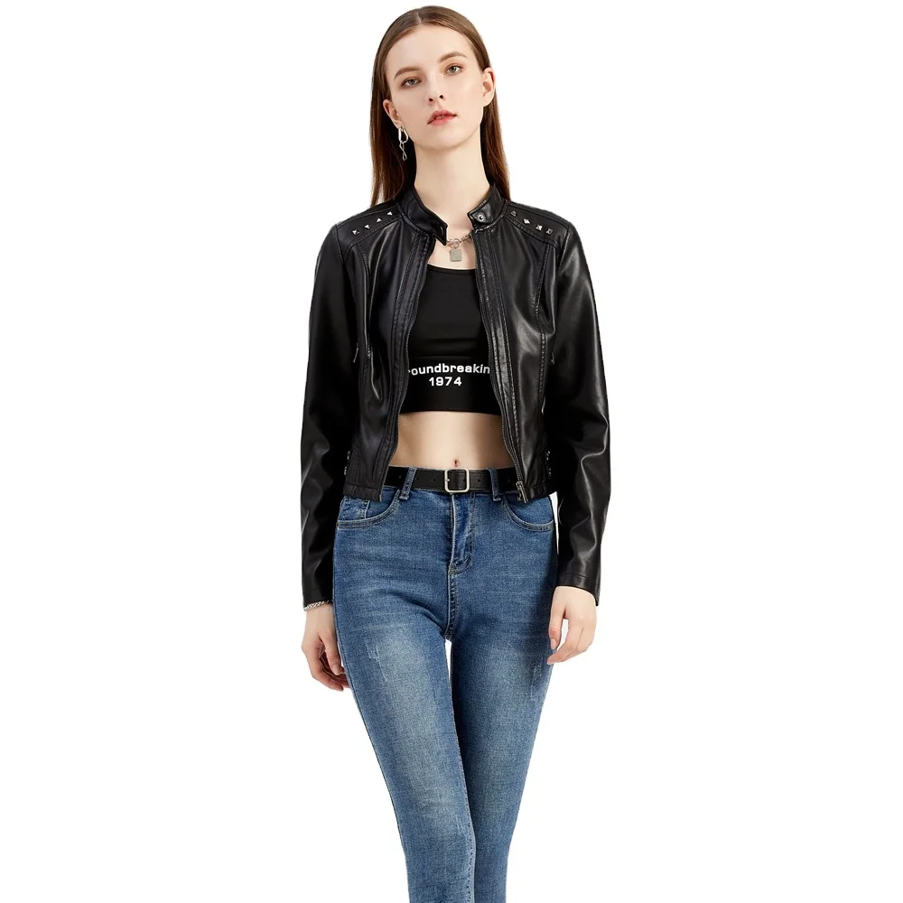 

2021 New Plus Size Rivet PU Leather High--quality Jacket Long Sleeve Stan Neck Zip Up Black Fashion PU Coat for Women