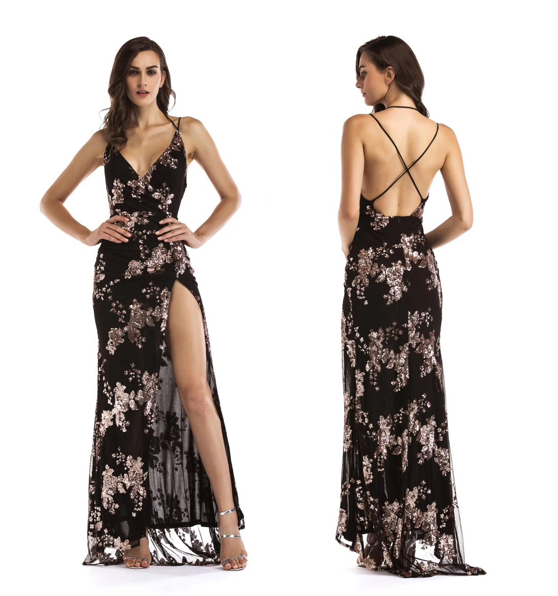 

2021 Summer High Quality Plunging Neck Party Maxi Elegant Ladies Sequin Evening Dress