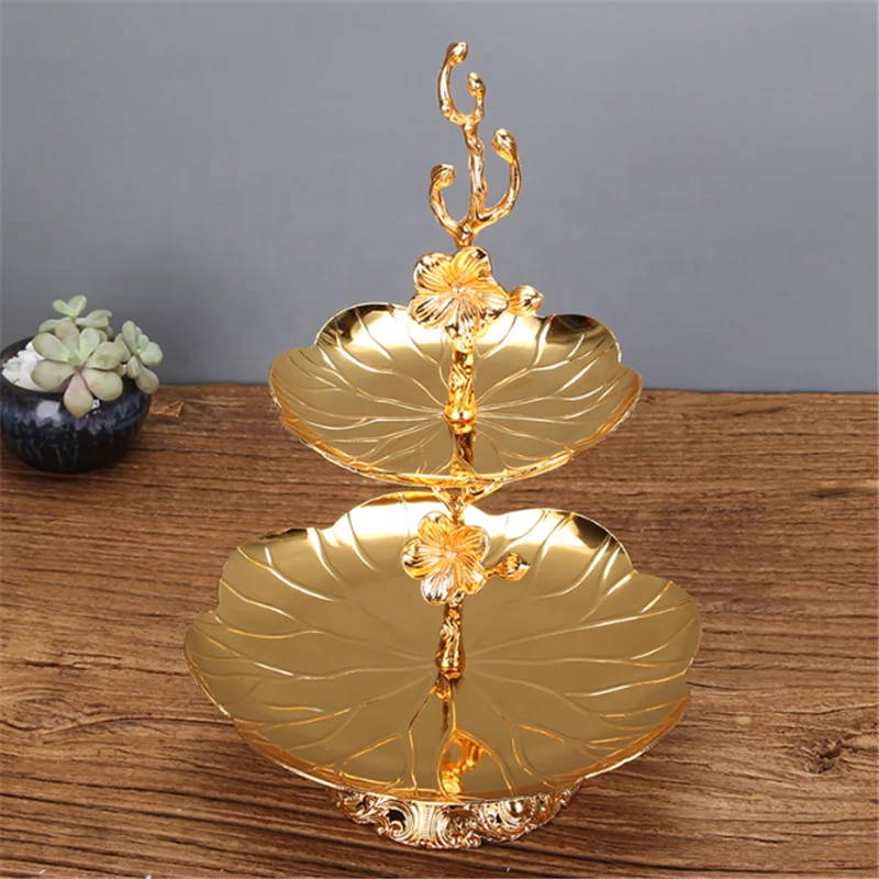 

Iron+Zine-alloy Double Deck Living Room European Plate Creative Household Split Lotus Leaf Pattern Dish, Yellow