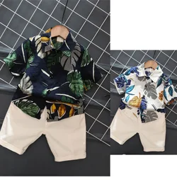 New arrival summer casual Boys 2 Pieces Clothing Set short sleeves printed shirt +casual pants clothing set for kids
