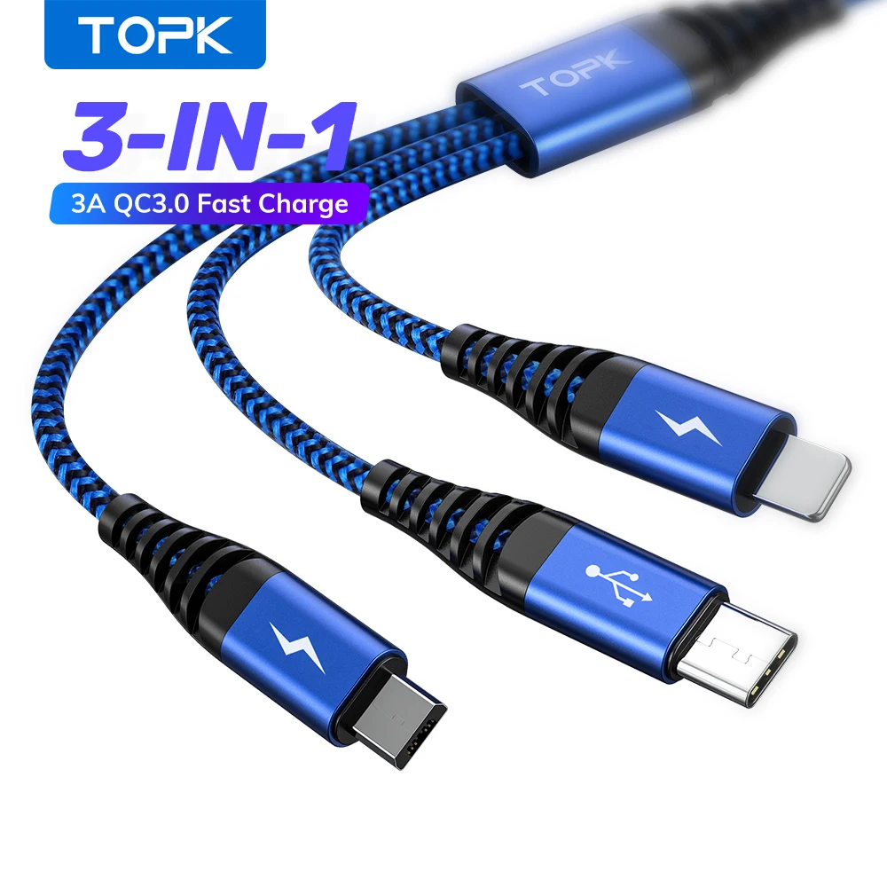 

TOPK AN24 1.2M 3A Fast Charging 3 IN 1 Nylon Braided Mirco USB Type C Data Cable, Blue / red