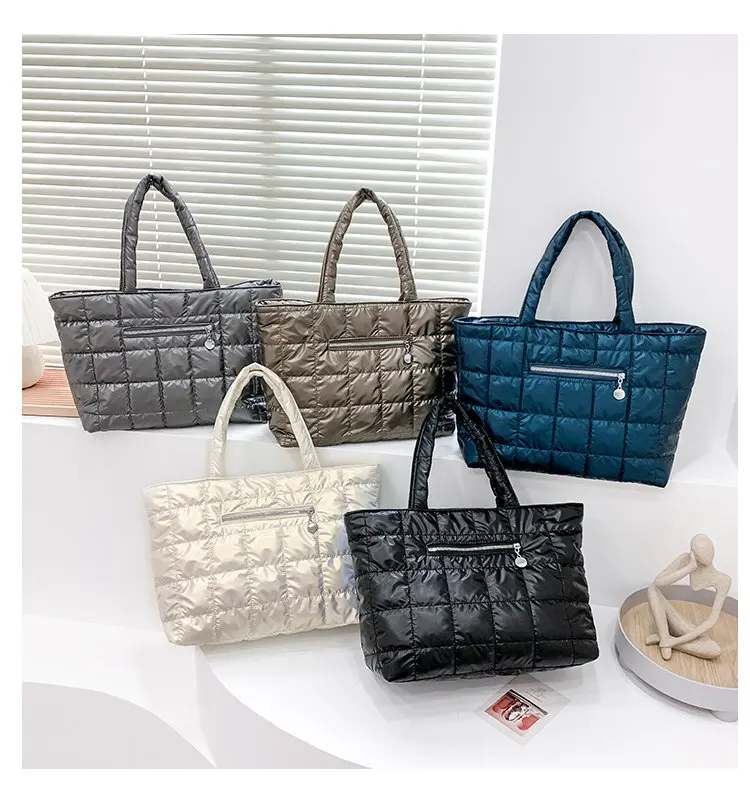 

Wholesale women  black nylon quilted plaid cloth fashion bags space cotton tote bag for travel