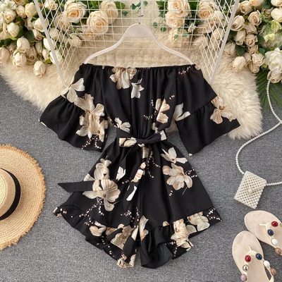 

2020 Latest Fashion Off Shoulder Flare Sleeve Short Jumpsuits