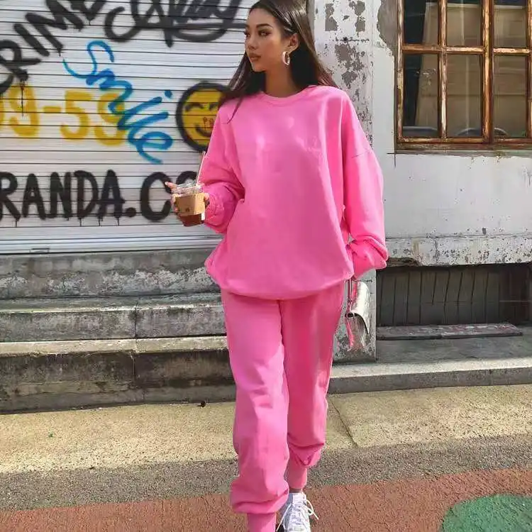 

Crew Neck Plain Pullover Sweatshirts And Sweatpants Oversized 2 Pieces Blank Sweatsuit Jogger Suit Set Thick Sweatsuit For Women, 4 color in stock