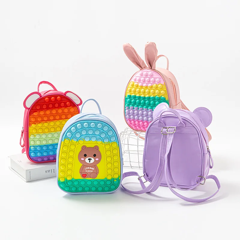 

kawaii cartoon character pop it push bubble backpack fidget bunny bear mickey unicorn pop-on-it backpack for back to school