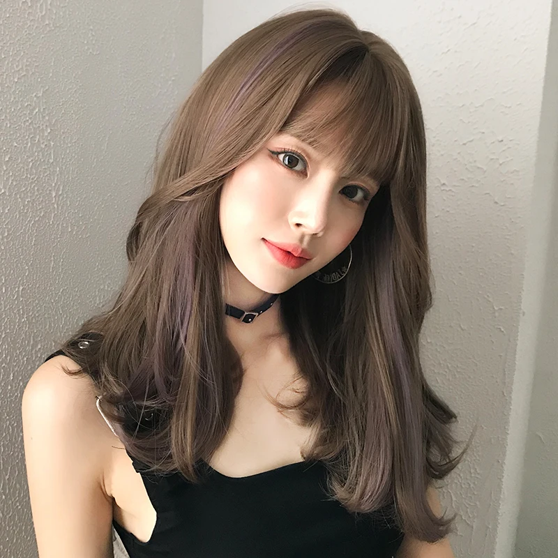Wholesale Honey Brown Natural Curly Wigs Bangs Highlighted Brown High Temperature Resistant Synthetic Hair 150% Density Women