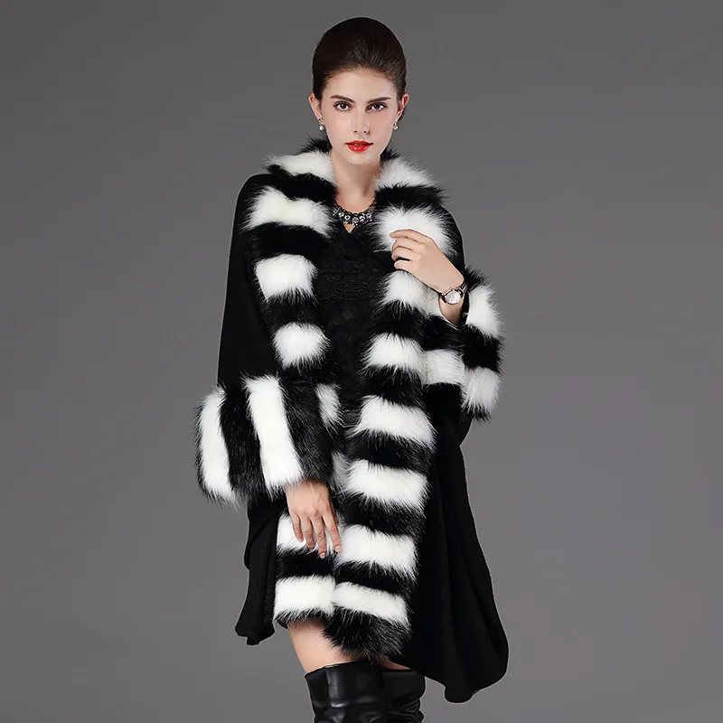 

Autumn/Winter faux fox fur striped collar knitted coat Poncho for women