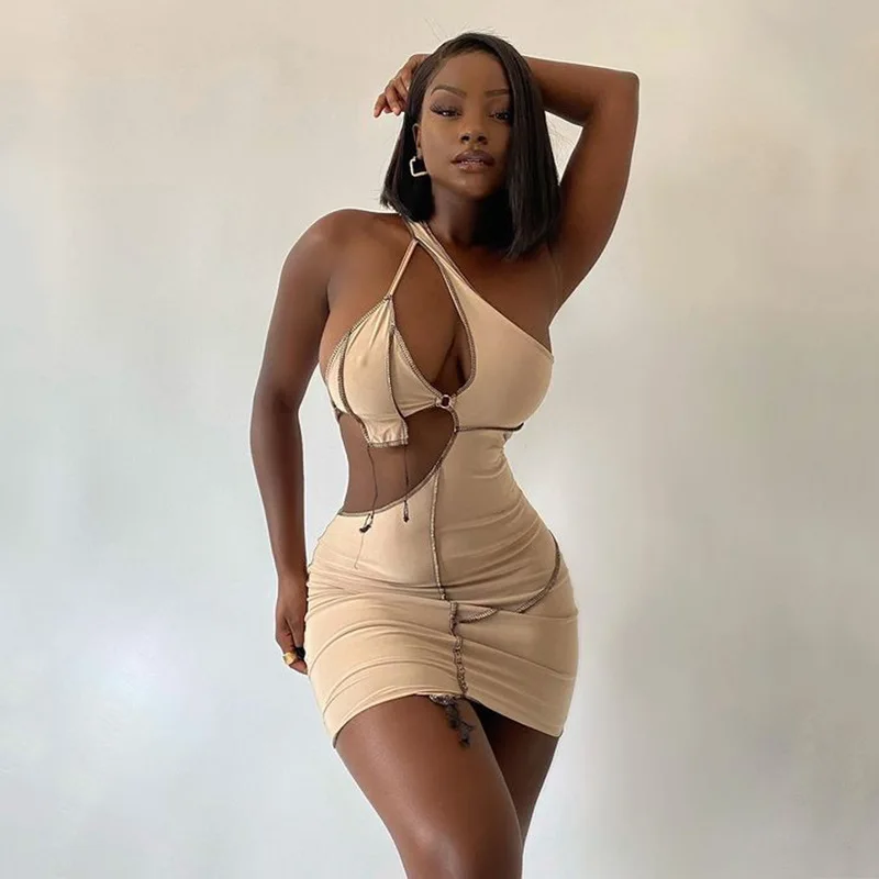 

Dropshipping Pure Color Sexy Hollow Halter Strap Sleeveless Knee Length Dress Woman