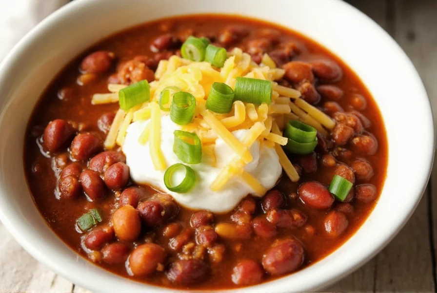 Finished bowl of chili recipe with beans topped with cheese, sour cream, and green onions