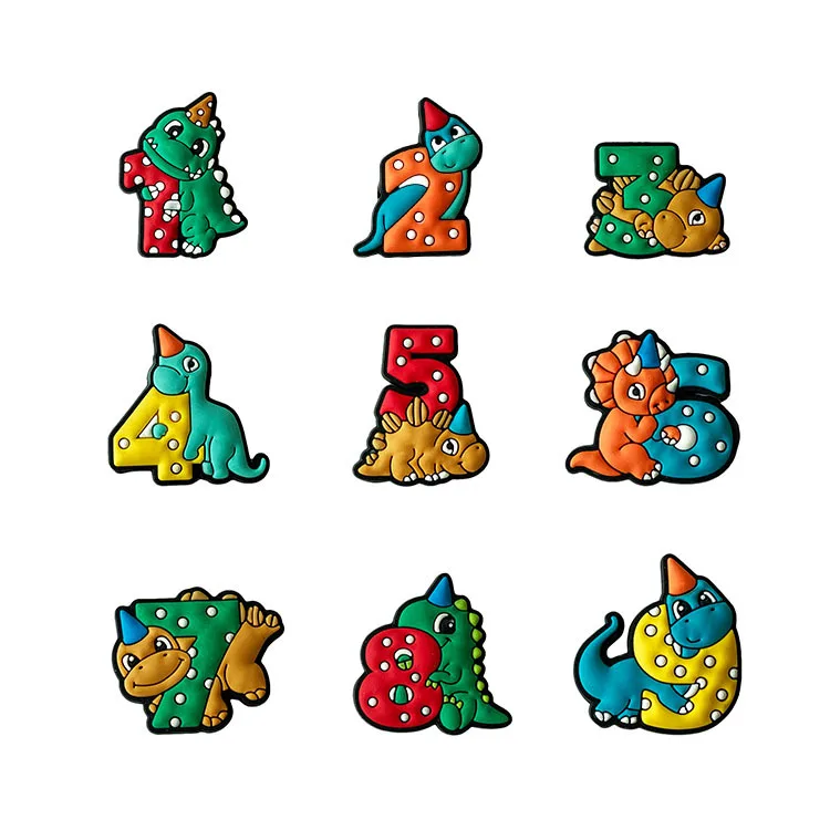 

Hot Sell cartoon Number of dinosaurs PVC clog charms Shoe Accessories Fit Bracelets clog beer croc charms Kids Gift, As picture