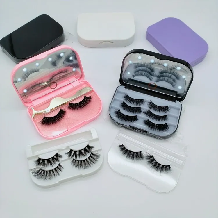 

cheap 1 pair 2 pairs 3 pairs led eyelashes packaging case box mirror tweezer pink led lights lashes storage box, Like pic or customized