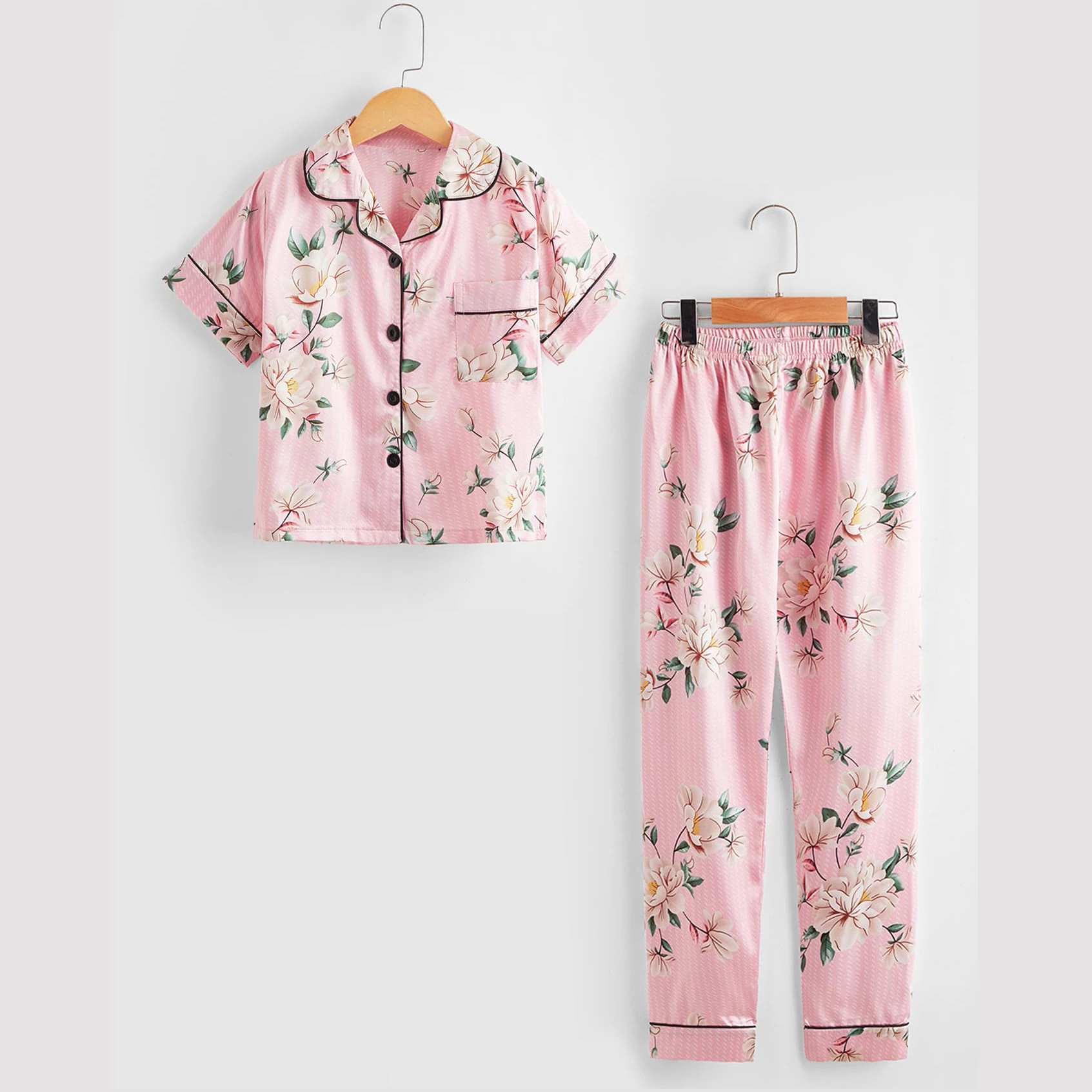 

Bulk Wholesale Kids Children Pajamas 2pc Satin Silk Pajama Set Custom Big Kids Girls Summer Pajamas, Picture shows