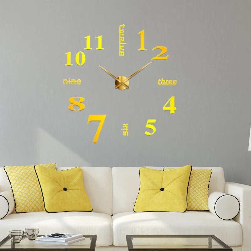 

Nordic Style Creative DIY Large Wall Clock 3D Big Size Decorative Sticker Wall Clock Home Office Decoration, Black/silver/yellow