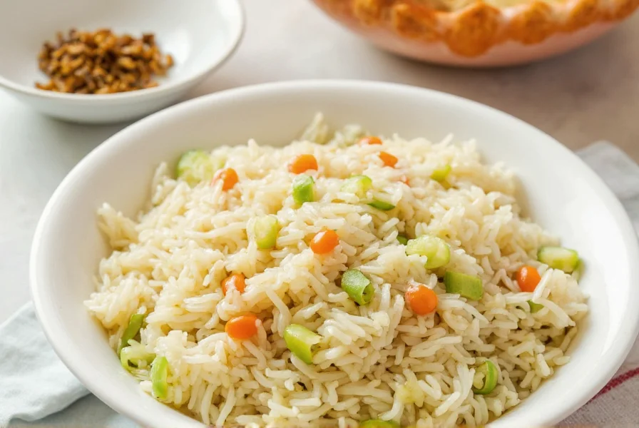 Close-up of perfectly cooked fluffy ginger rice with visible grated ginger pieces in white ceramic bowl