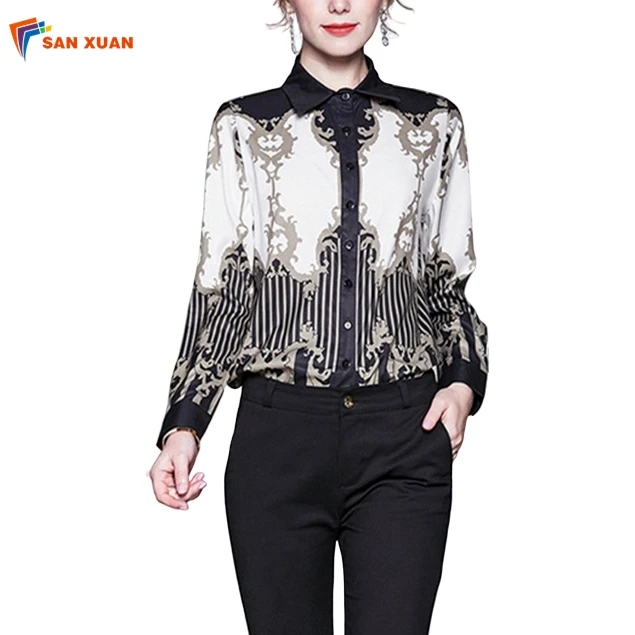 Chinese manufacturer autumn latest casual graceful floral print turn down collar fashion design long sleeve ladies blouses tops