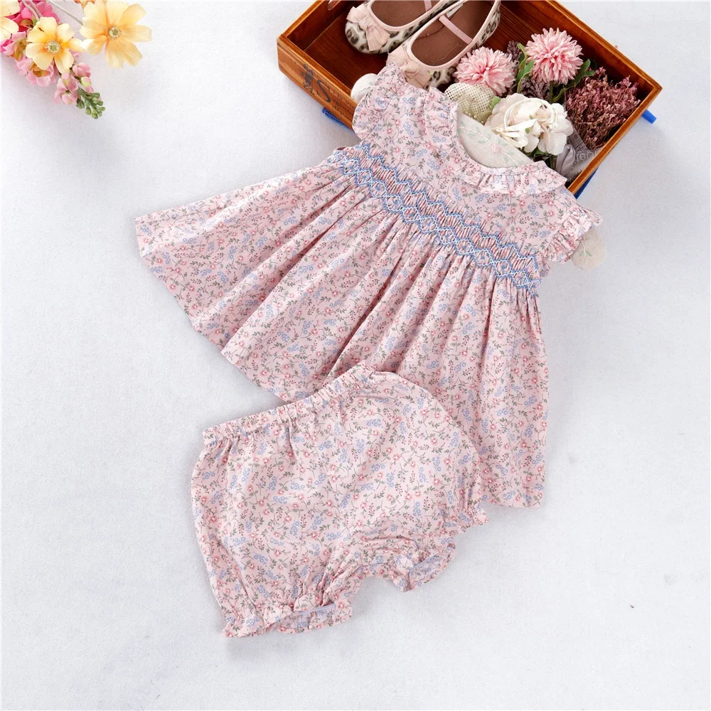 

C14755 summer new born baby clothes set girls smocked dress hand made ruffles cotton kids clothing children wholesale