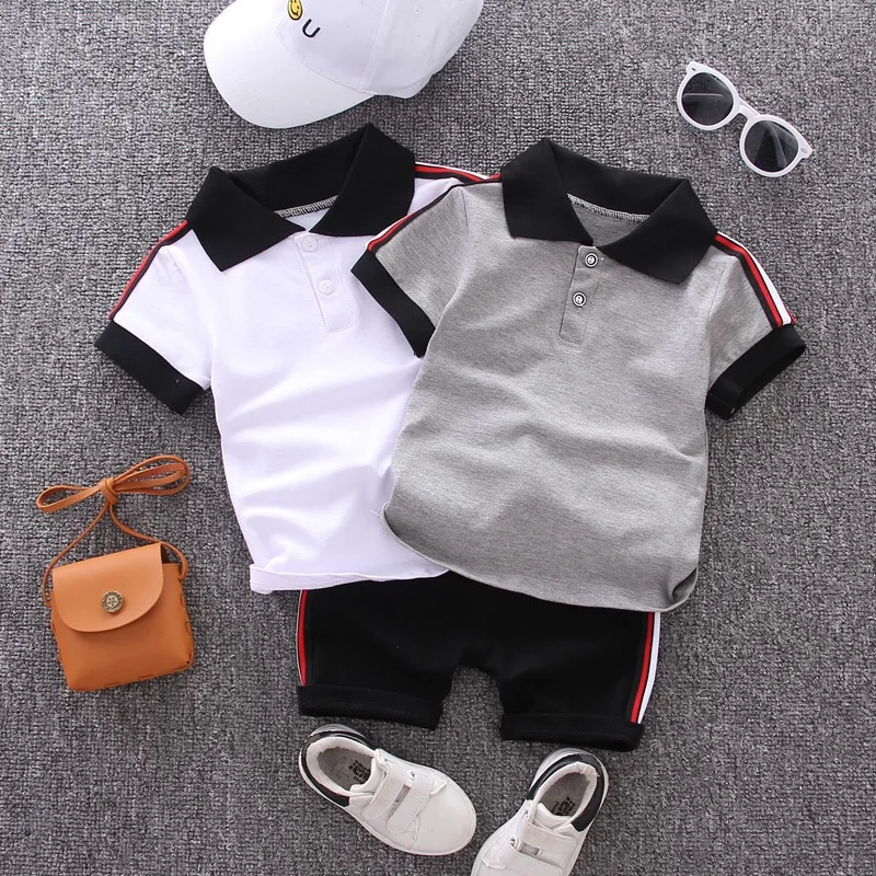 

New style summer Toddler Boys 2 Pieces casual Clothing Set short sleeves solid polo shirt + pants clothing set for kids, Picture shows