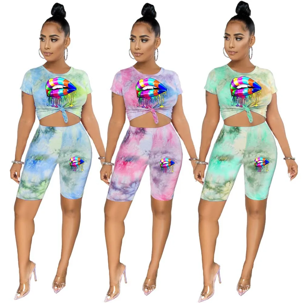 

Spring and summer 2021 new women's tie dyed two lip two piece round neck elastic fabric T-shirt casual suit, 3 colors