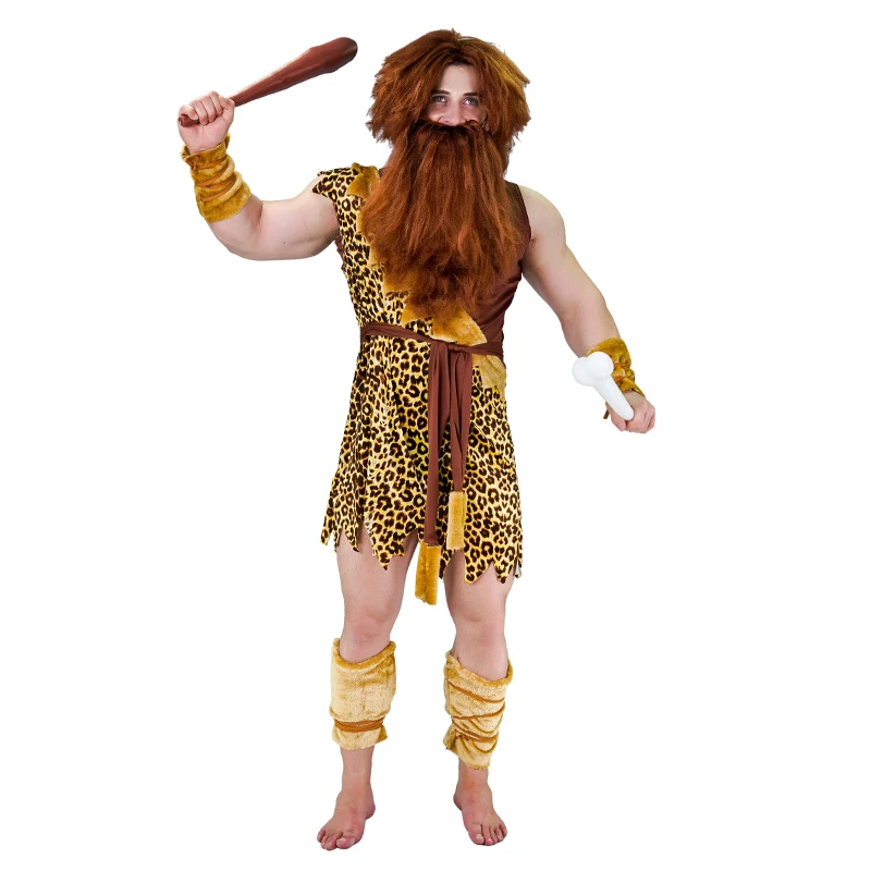 

Carnival Ancient Wildman Dress Halloween Performance Clothing Cosplay Caveman Leopard Costumes For Men