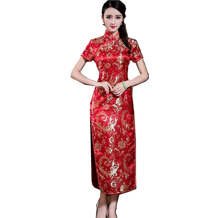 

Long Qipao Dress plus size Red Short Sleeve Traditional Satin Long Qipao Chinese Vintage Cheongsam Dress