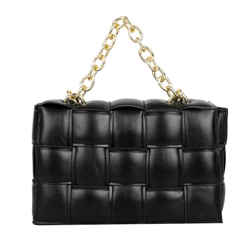 

Famous Brand Designer Fashion Women Solid Color Metal Thick Chain Messenger Purses Square Pu Leather Bag Woven Shoulder Handbags