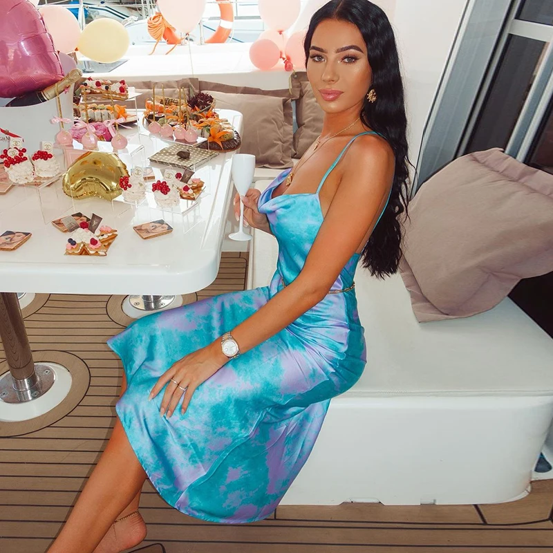 

Spaghetti Strap Abstract Print Women Summer Long Dress Ladies Elegant Party Outfit