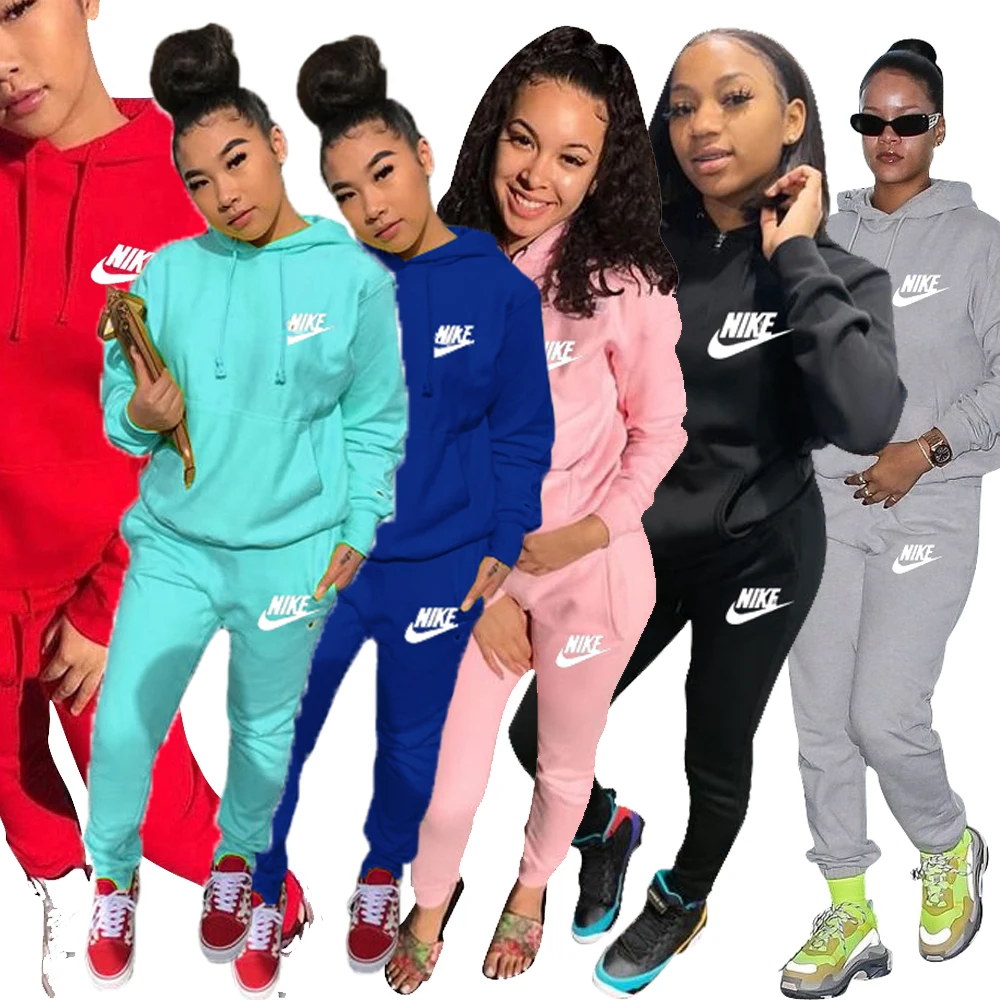 

Urban Leisure Solid Color Fashion Long Sleeve Breathable Hoodies Nike Print Pullover Ladies Sweatsuits Two Piece Pants Set