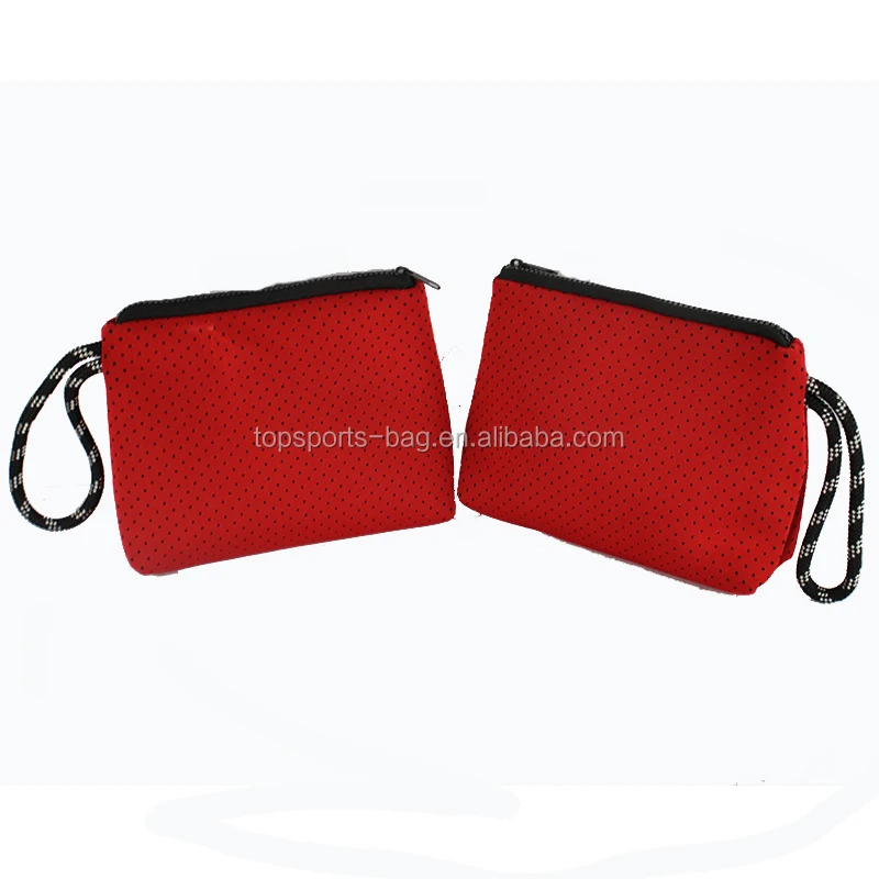 

Travel beauty neoprene perforated cosmetic bags with wristlet strap