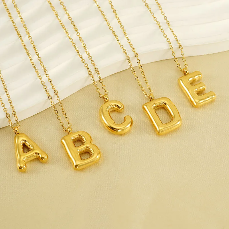 

Gold Plated Chunky Bubble Alphabet Letter Necklace Jewelry Women Personalized Stainless Steel Balloon Initial Pendant Necklace