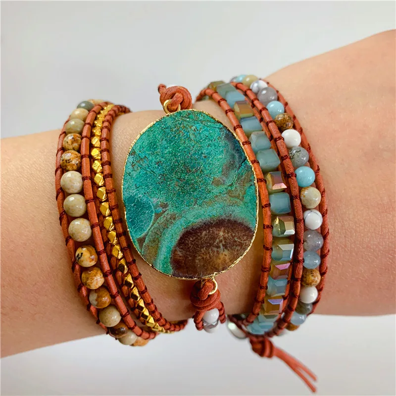 

Bohemian Handmade Huge Ocean Regalite Stone Bracelet Multilayer Leather Wrap Natural Stone Bead Bracelet