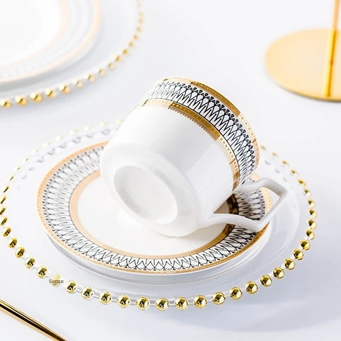 

QIAN HU Vintage Nordic Fine Bone China Coffee Afternoon Tea Cups and Saucers Hand Painted Gold Rim Set Custom Logo, White