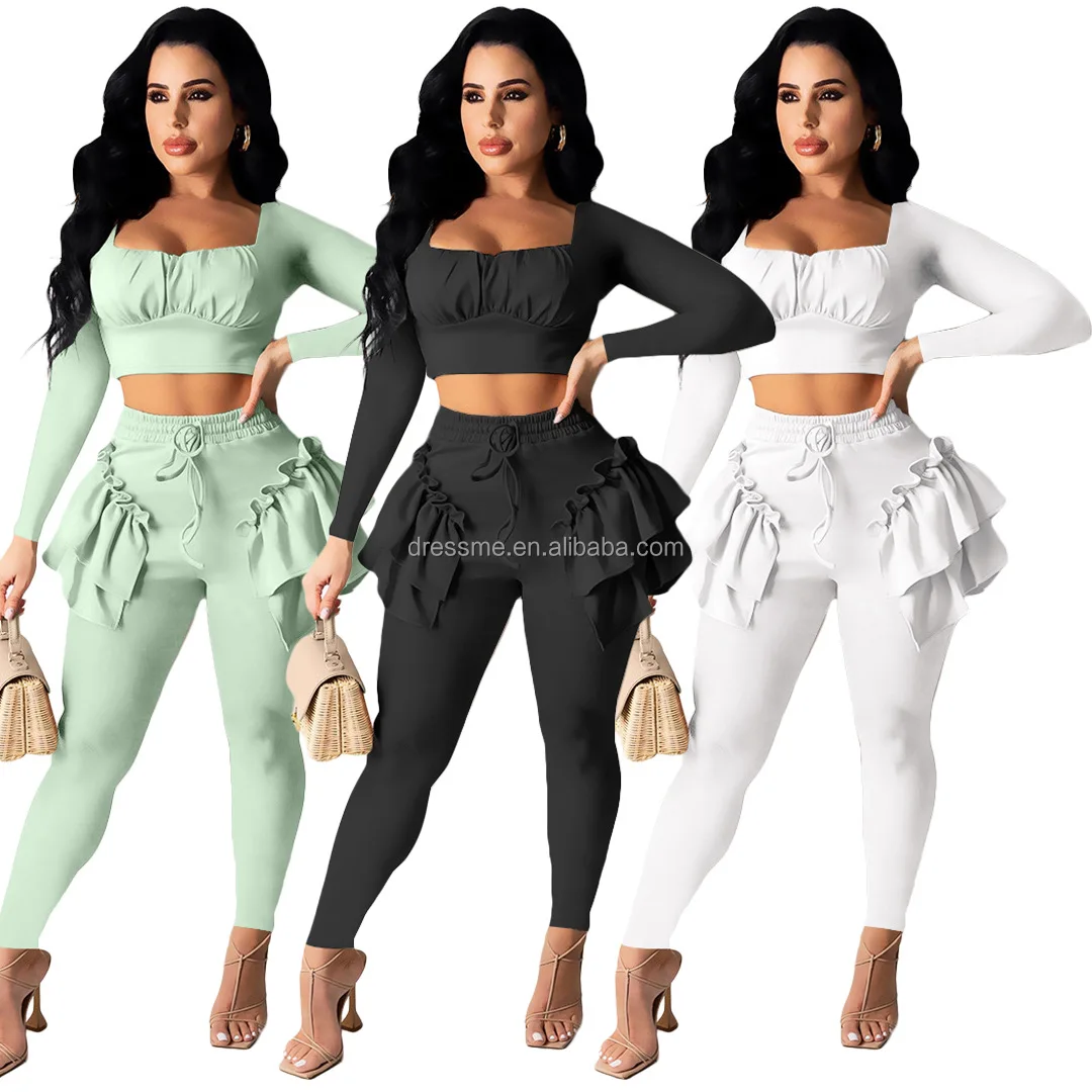 

MT70-8560 Solid color long sleeve crop tops lotus leaf pants sexy women spring set 2 pieces women club wear set sexy women sets