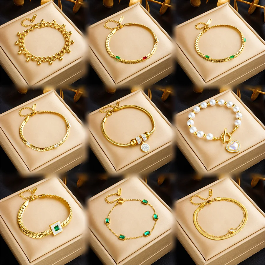 

Luxury Adjustable Stainless Steel 18k Gold Pearl Zircon Cuban Chain Heart Bracelet Women Layered Emerald Bracelet Jewelry