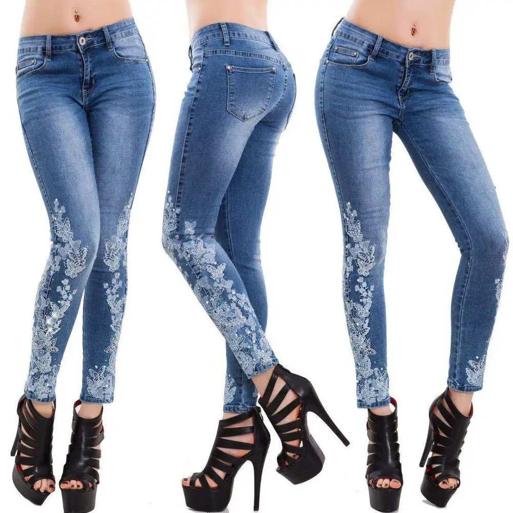

OEM Embroidered Ladies Trousers Denim Slim Light Blue Skinny Jeans For Womens