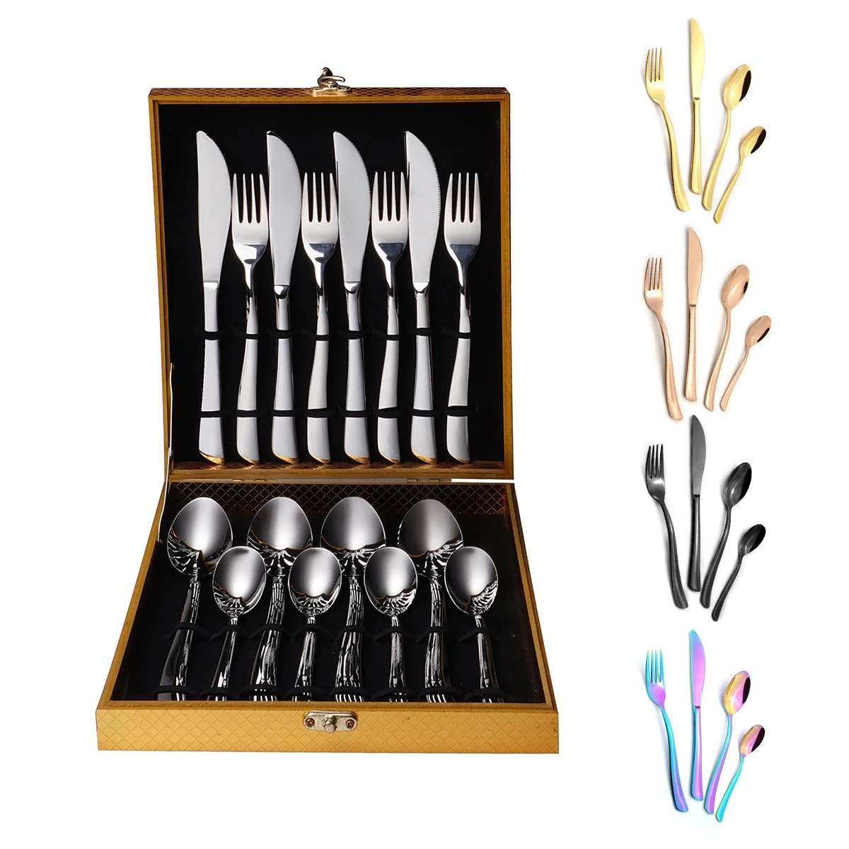 

Royal Wedding Silverware Flatware Reusable Outdoor Kitchen Steak Knife Spoon Fork Gold Cutlery Set Stainless With Wooden Box, Silver, gold, rose gold, color, black