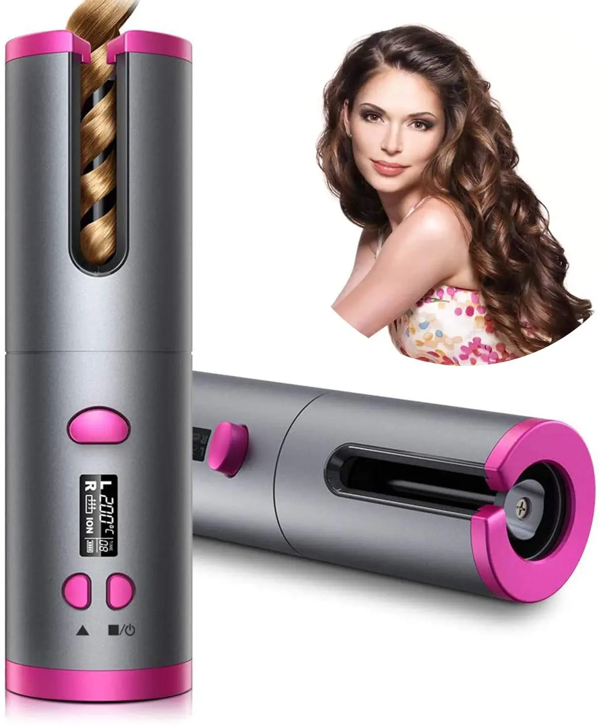 

Amazon Automatic Curling Iron Portable Ceramic Barrel Hair Curling Wand LCD Adjustable Rechargeable Cordless Auto Hair Curler, White/rose gold/black or oem
