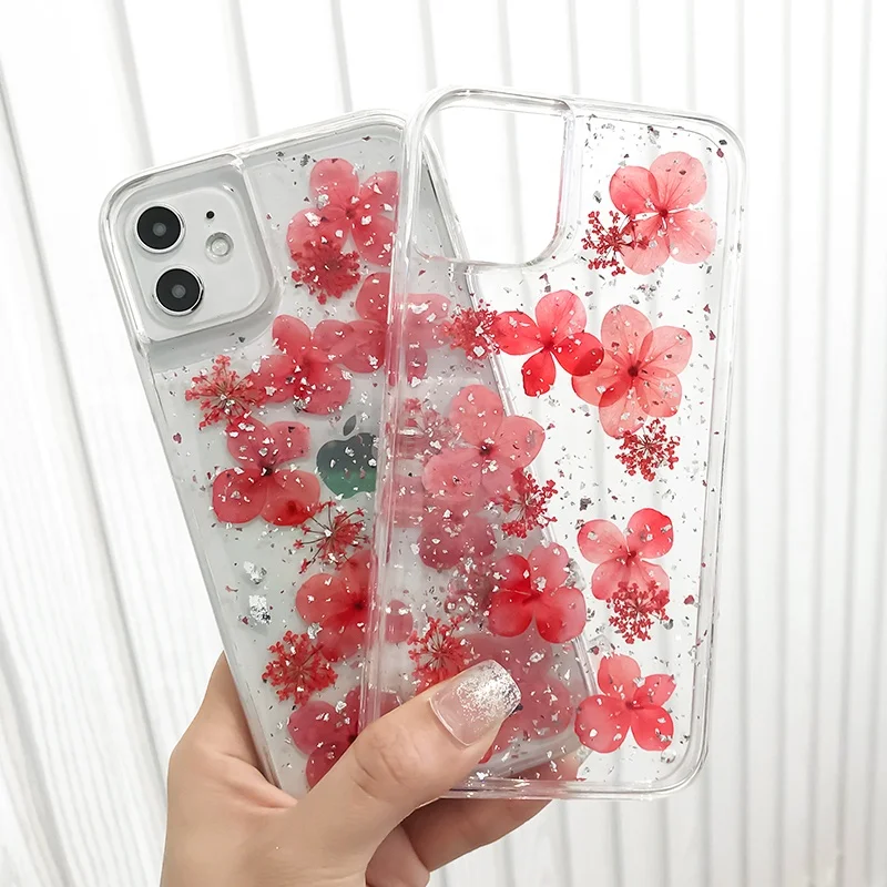 

Aesthetic pressed real dried red flower with silver foil design phone case clear tpu for Iphone 11/12 pro max