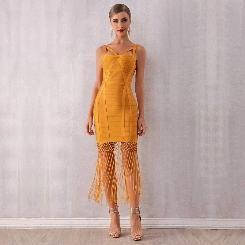 

Elegant Fashion Party Evening Dress Sleeveless Tassel Bandage Bodycon Dress