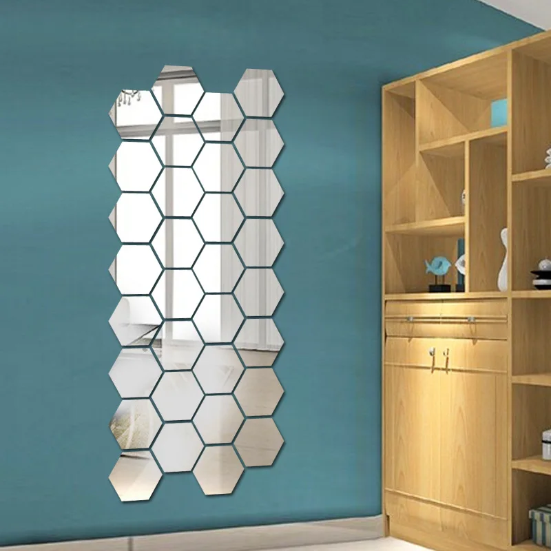 

Hexagon Hexagonal Shape 12 Pcs Per Set Bathroom Washroom Decoration 3D Removable Self Adhesive Acrylic Mirror Wall Sticker, Gold silver red black blue