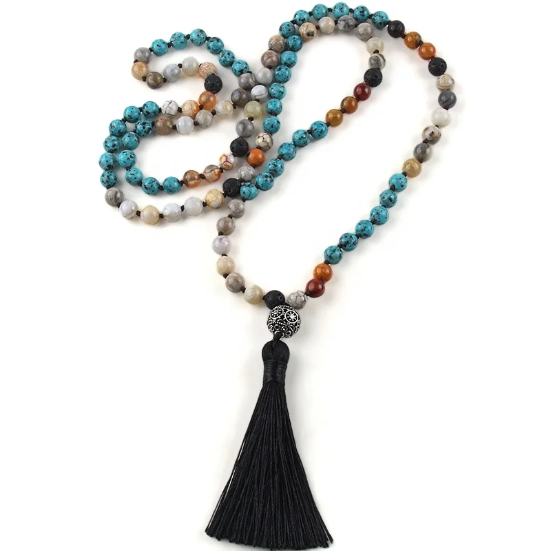 Women Men Natural  gemstone Lava Zebra knotted Gunmetal ball Tassel Yoga 108 Mala Necklace