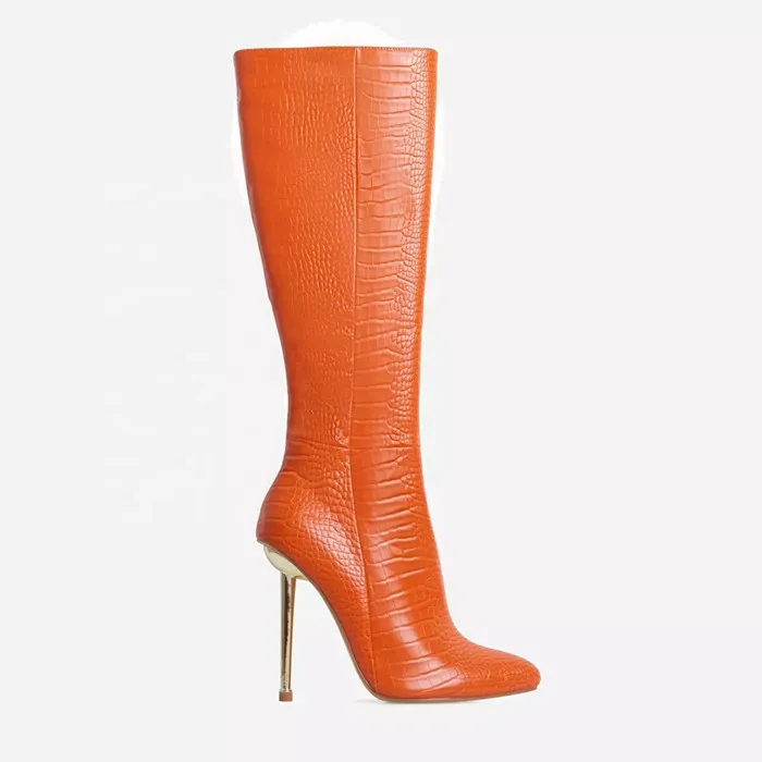 

Sexy Crocodile Leather Metal Heel Knee High Boots Women Stiletto Heel Orange Boots