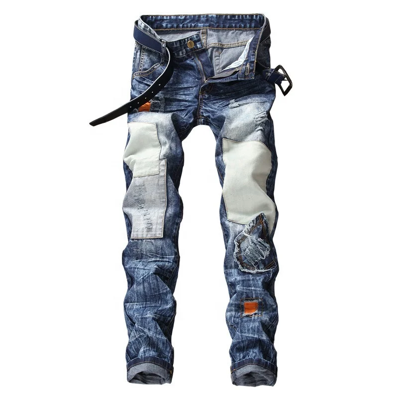 

fashion motorcycle biker streetwear denim long pants stretch narrow cuff slim fit punk ripped embroidery hip hop men jeans