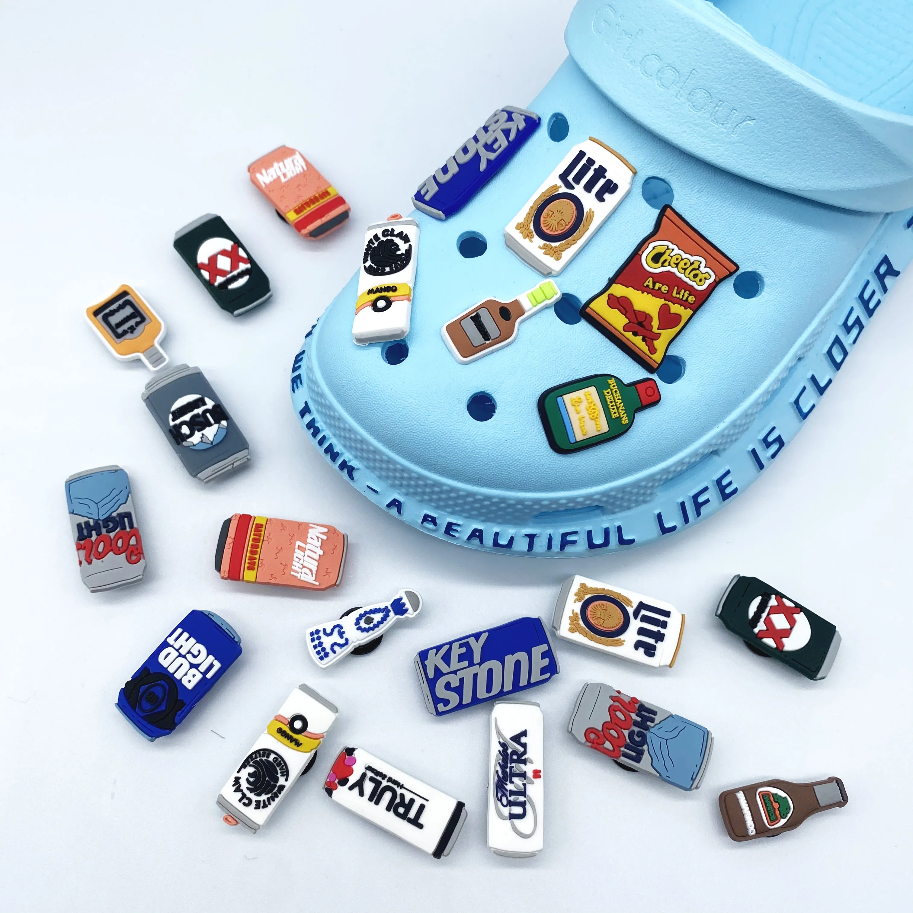 

Factory direct sales Beer croc charms custom logo wholesale PVC new decor shoes buckle croc shoe charms