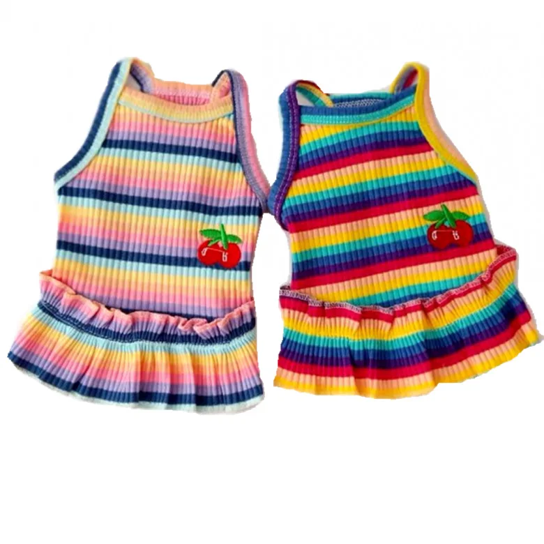 

New 2021 Summer Cute Cat Puppy Clothing Rainbow Striped Cherries Dress Dog Clothes Luxury Wholesale, 2 colors